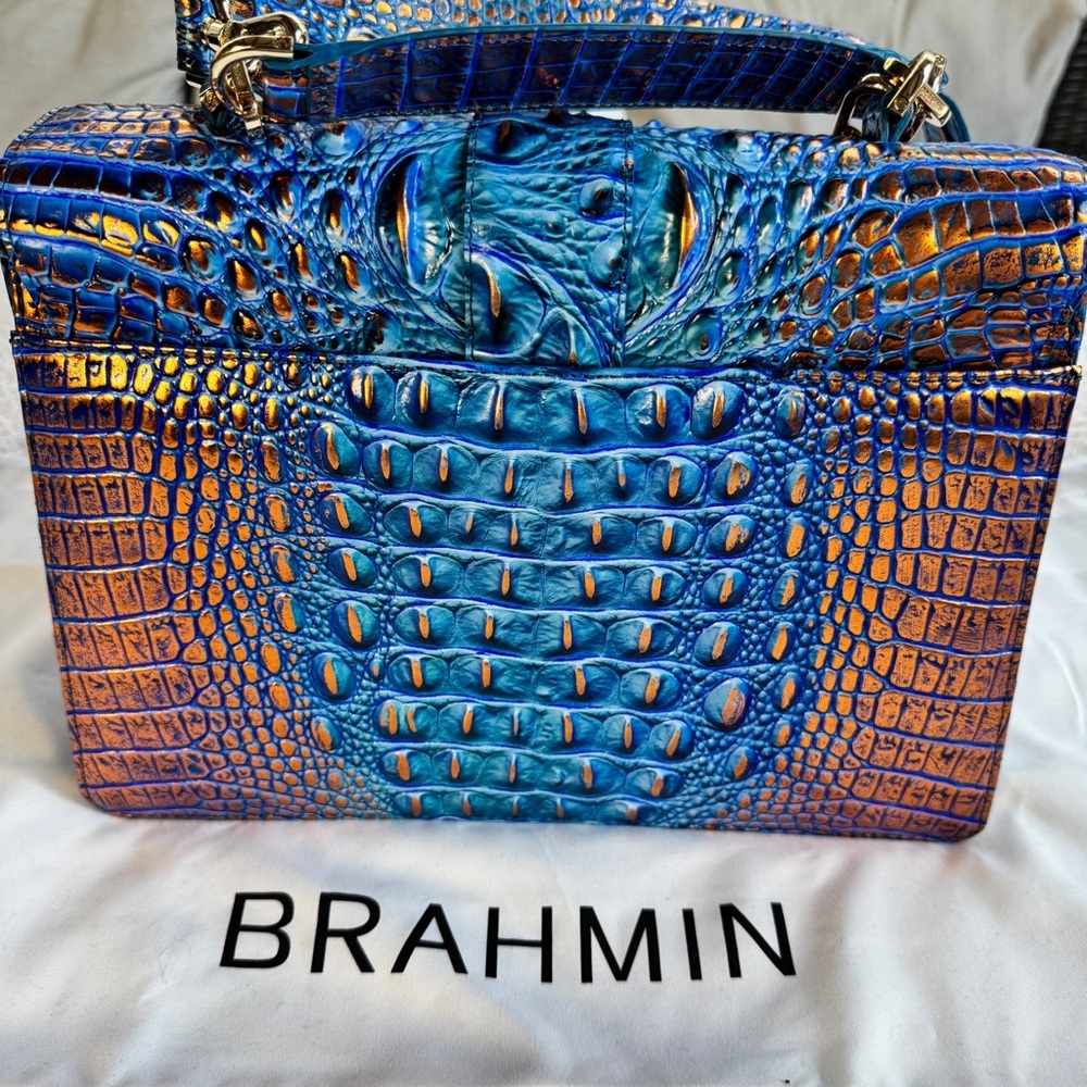 Brahmin Hallie Satchel Melbourne Vibrant Blue and Orange Crossbody Bag - Picture 3 of 7